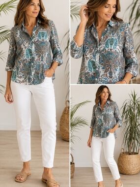 Elegant Silk & Cotton Paisley Blouse. Size S